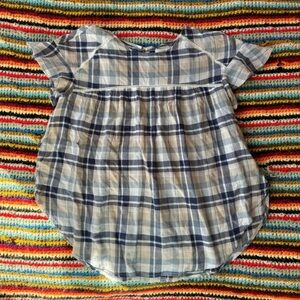 Birds of Paradis Flutter Sleeve Plaid Blue Tan Top XS